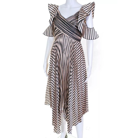 Self Portrait Nude Stripe Pleated Ruffle Sleeve MIDI Dress NWT $440 6 - Picture 6 of 13
